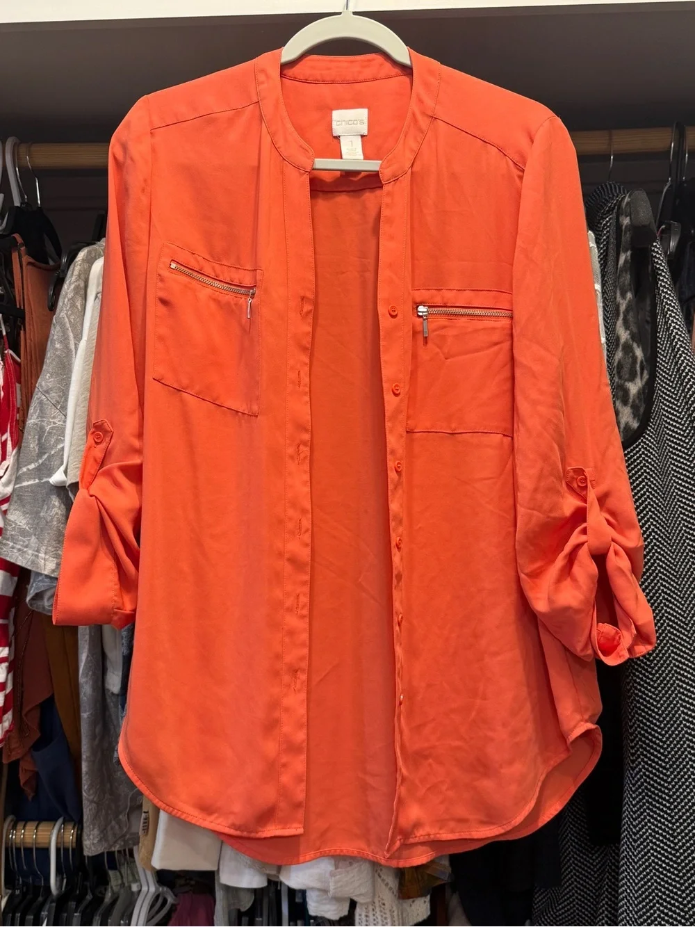 Chico's Bright Orange Zip-Pocket Roll-Sleeve Button Down Shirt Sz 1/Medium